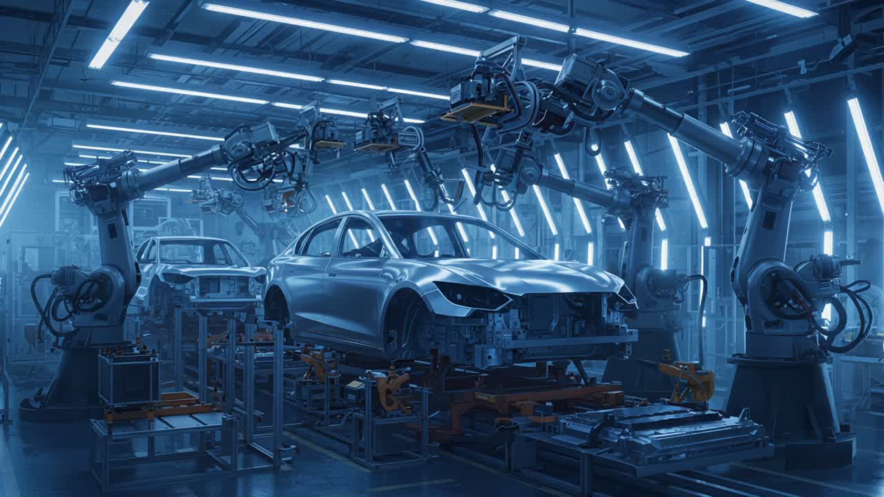 Advanced Robotic Automation in an Automotive Manufacturing Facility: Showcasing Cutting-Edge Technologies Transforming Vehicle Assembly Lines with Precision and Efficiency