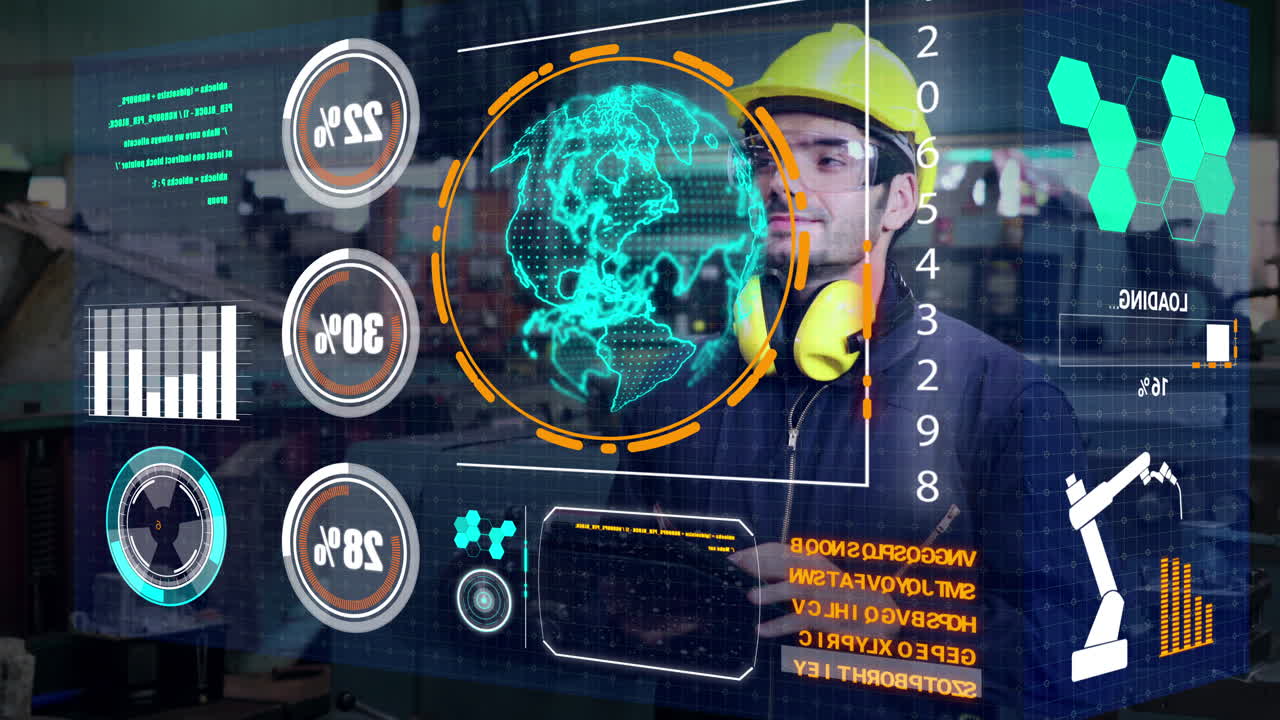 el trabajador de la fábrica utiliza el futuro dispositivo de pantalla holográfica para controlar la fabricación