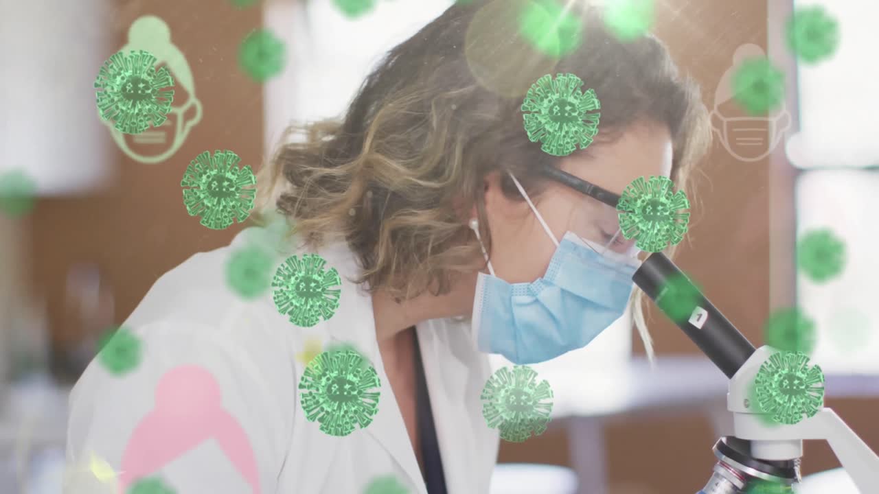 Animation of covid-19 cells over caucasian female scientist using microscope and holding a test tube