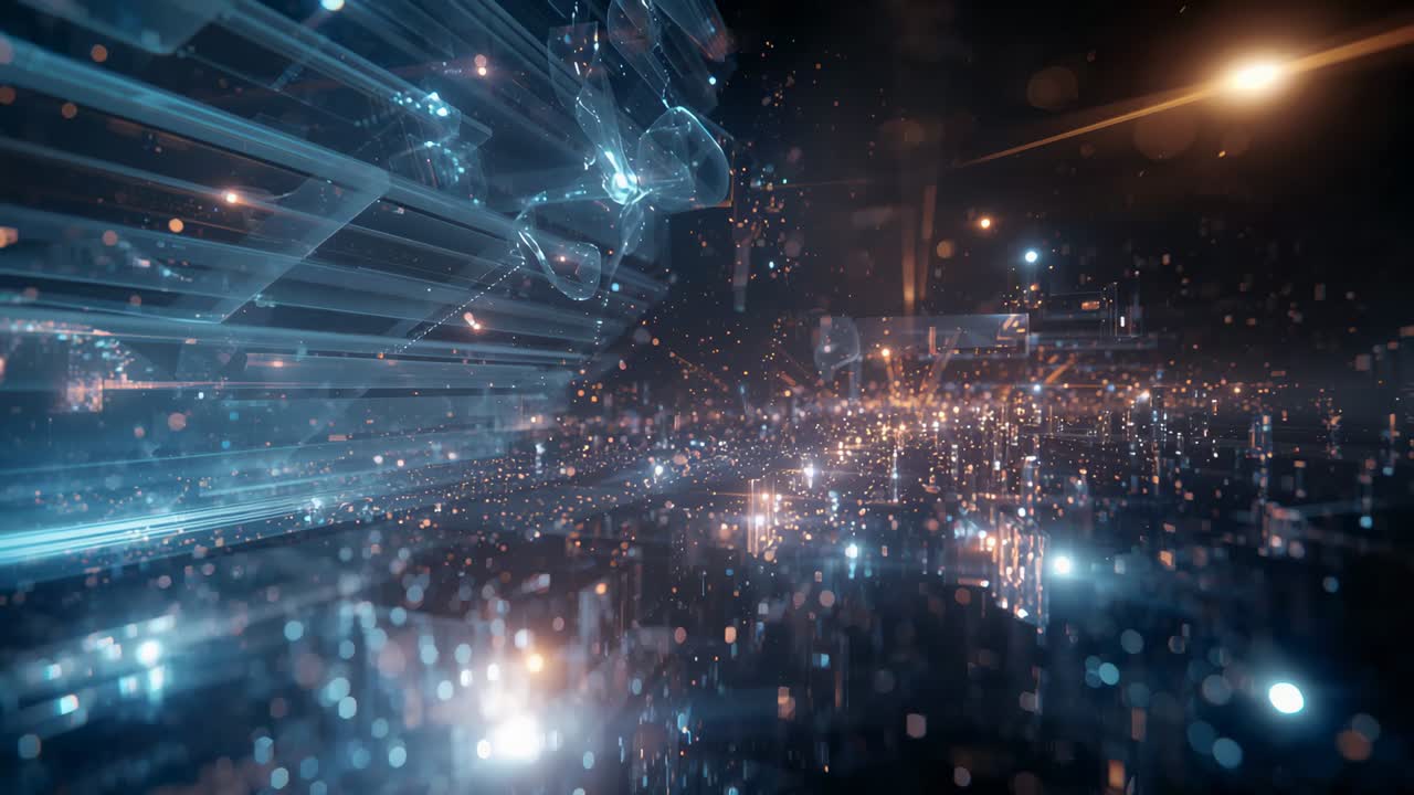 Opening view pushing particles and glass layers streaming across shiny floor, revealing amber flare