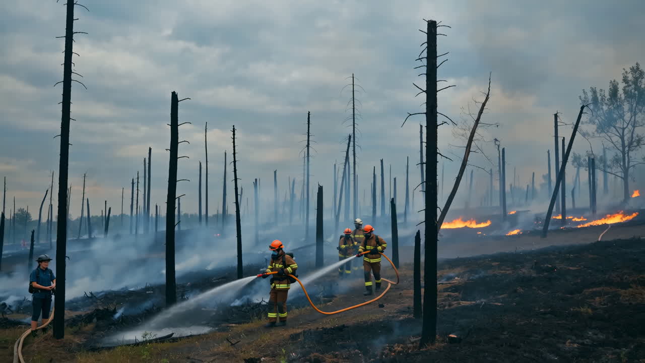 Firefighters battling a wildfire in a burnt forest