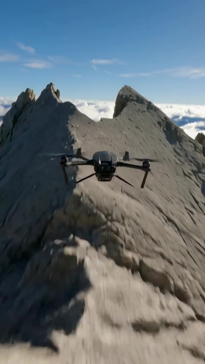Vertical video: Flying under pilot command, black drone threading rocky ridge notch to reach clouds