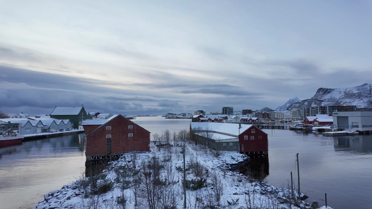 山々がある雪に覆われた沿岸の町、穏やかで曇り空。スヴォルヴァー、ノルウェー。