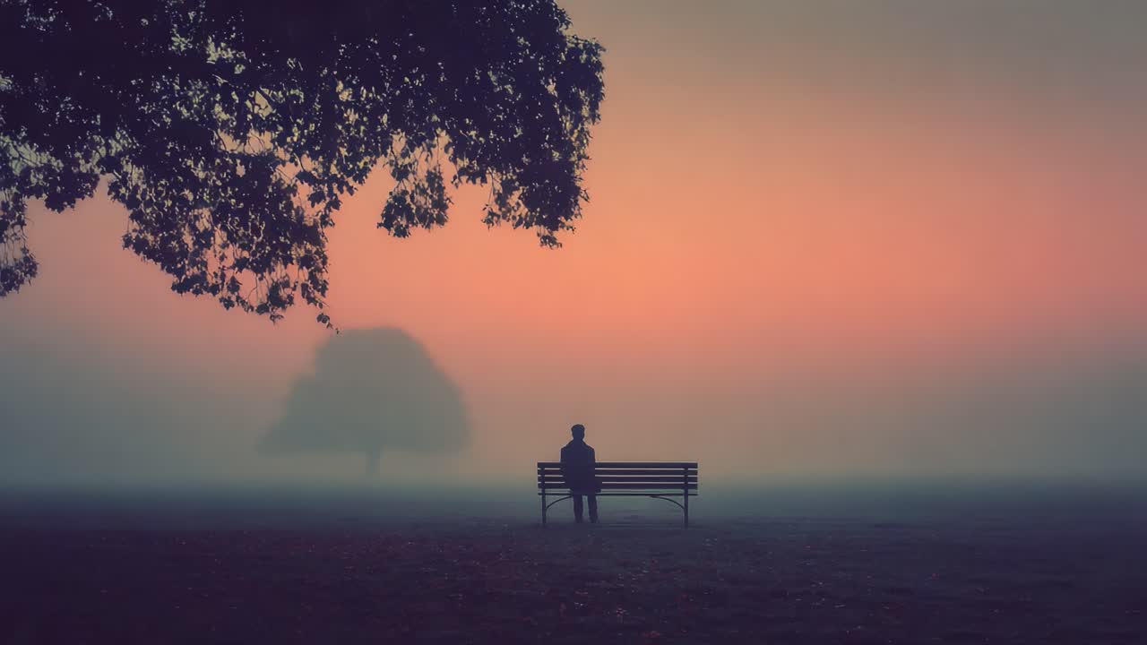 A Solitary Figure on a Bench in a Misty Landscape at Dawn, Capturing the Tranquility and Serenity of Morning and Reflecting on Life's Contemplative Moments