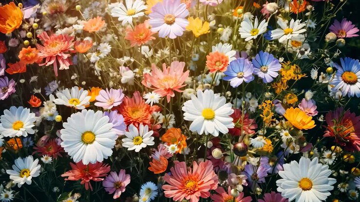 Nahaufnahme von bunten Wildblumen, die sanft im Sonnenlicht wiegen
