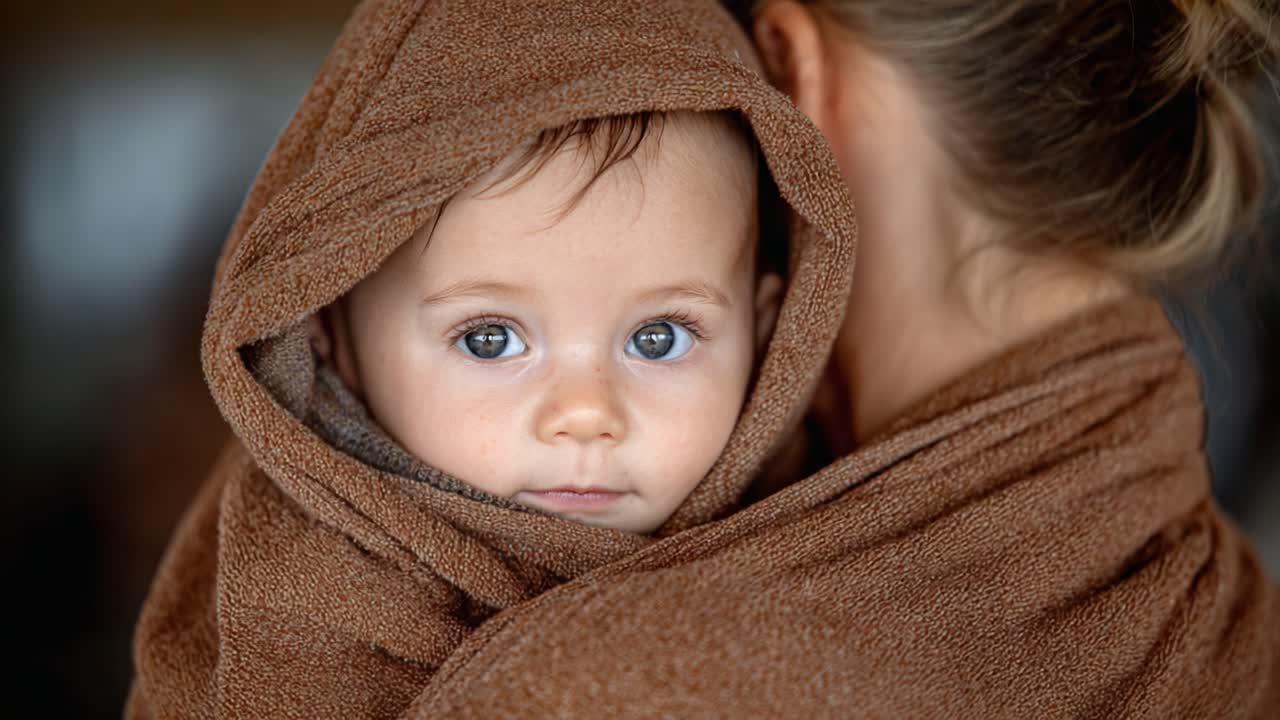 Un momento toccante: primo piano di un adorabile bambino avvolto in una morbida coperta marrone, che mostra innocenza e legame affettivo con chi si prende cura di lui