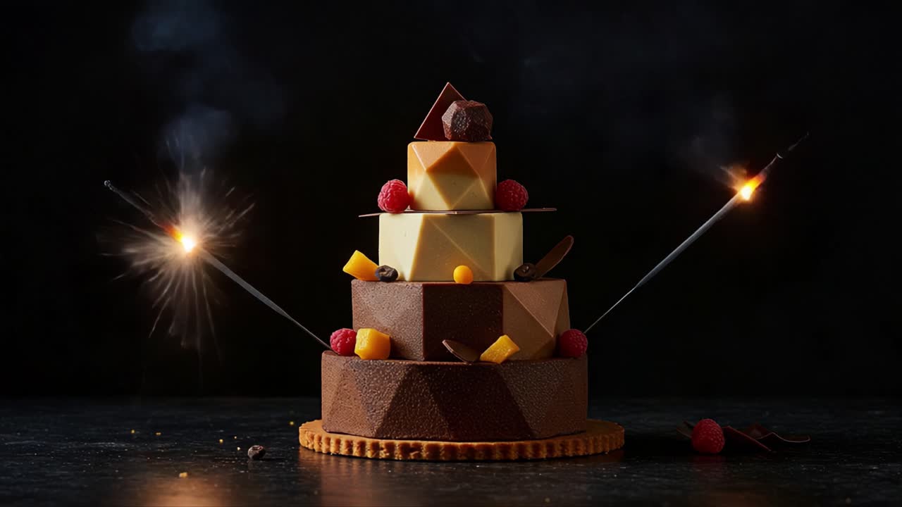 A stunning geometric cake adorned with vibrant fruits and sparkling sparklers, creating a festive atmosphere perfect for celebrations and joyful occasions