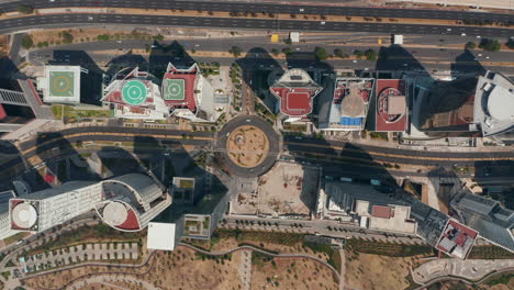 Aerial-birds-eye-overhead-top-down-view-of-skyscrapers-in-modern-Santa-Fe-district.-Horizontally-panning-footage.-Mexico-City,-Mexico.