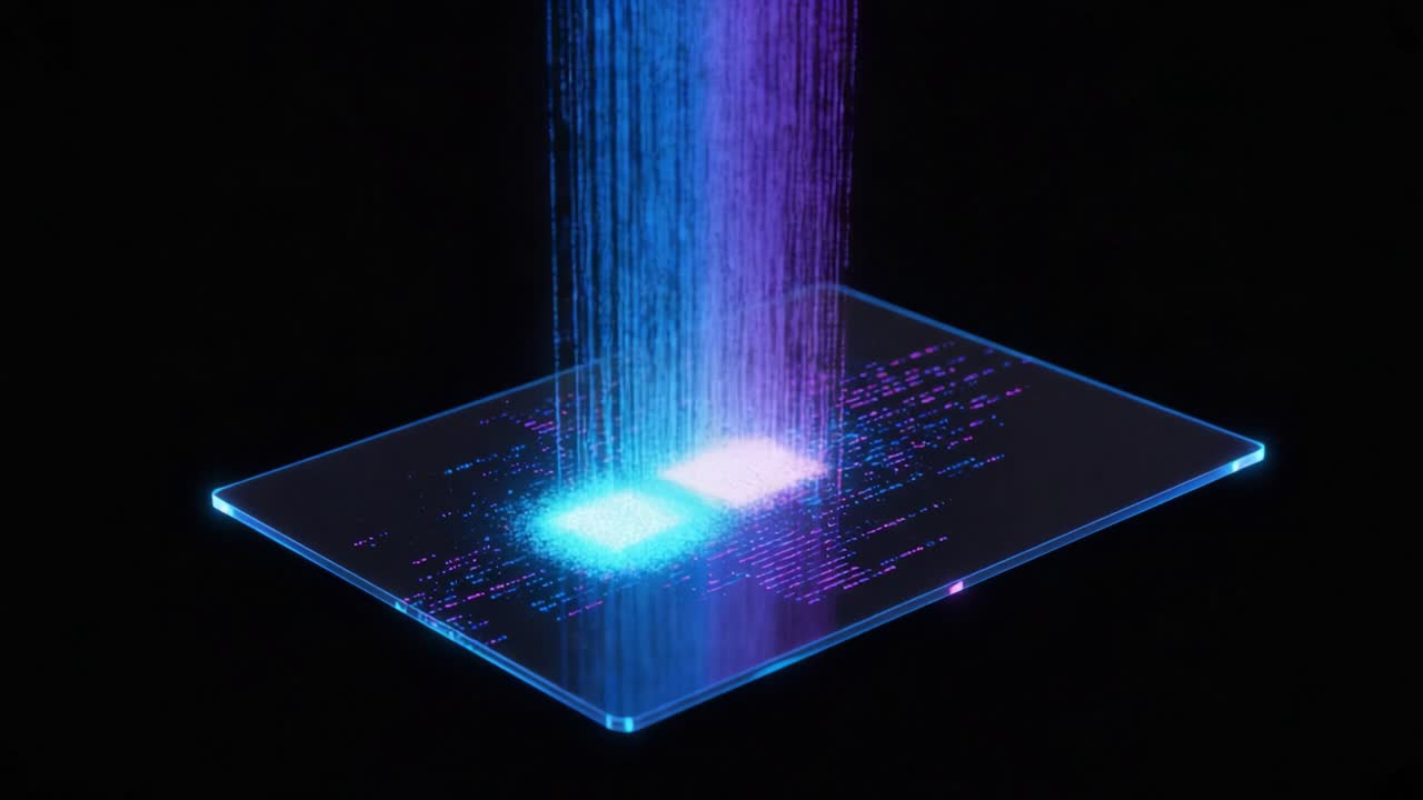 Visual Representation of Data Transformation: A Dynamic Flow of Digital Information Emanating from a Transparent Surface, Showcasing Stunning Colors and Patterns