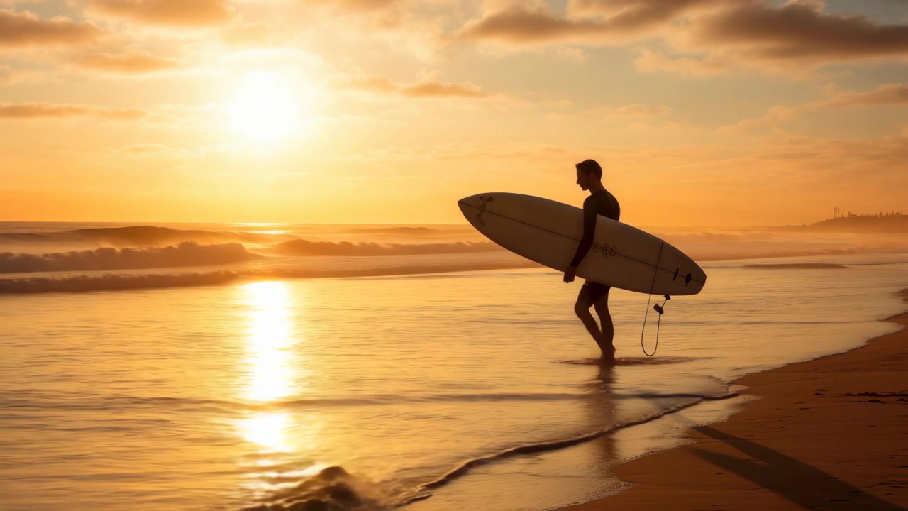 Silhouette di un surfista che porta la tavola sulla spiaggia al tramonto dorato