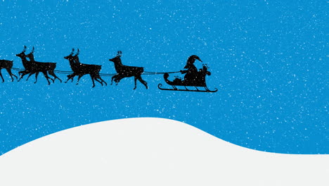 animation of santa claus in sleigh with reindeer and snow falling on blue background