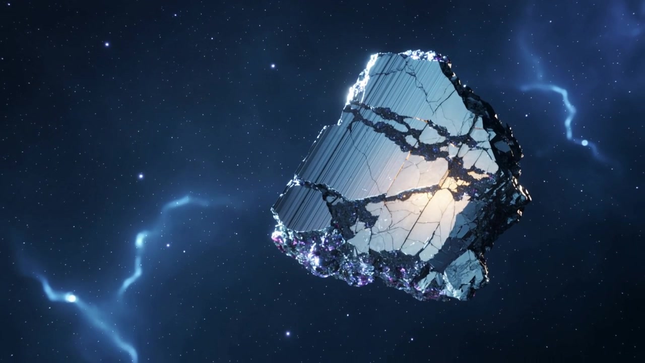 Asteroide in rotazione che rivela un crescente bagliore caldo dopo un'inclinazione nello spazio, con archi e ammassi blu.