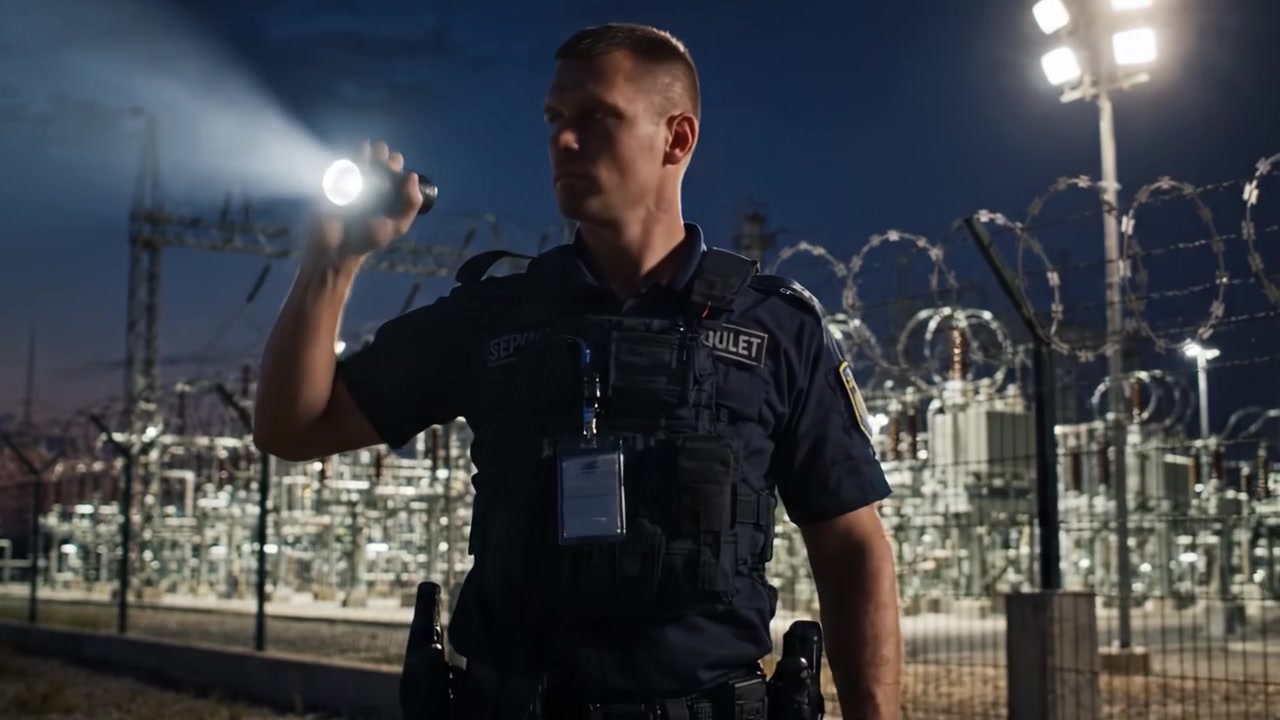An Officer Conducts Night Patrol at an Industrial Facility, Ensuring Security Amidst the Complex Infrastructure of Power Generation and Distribution