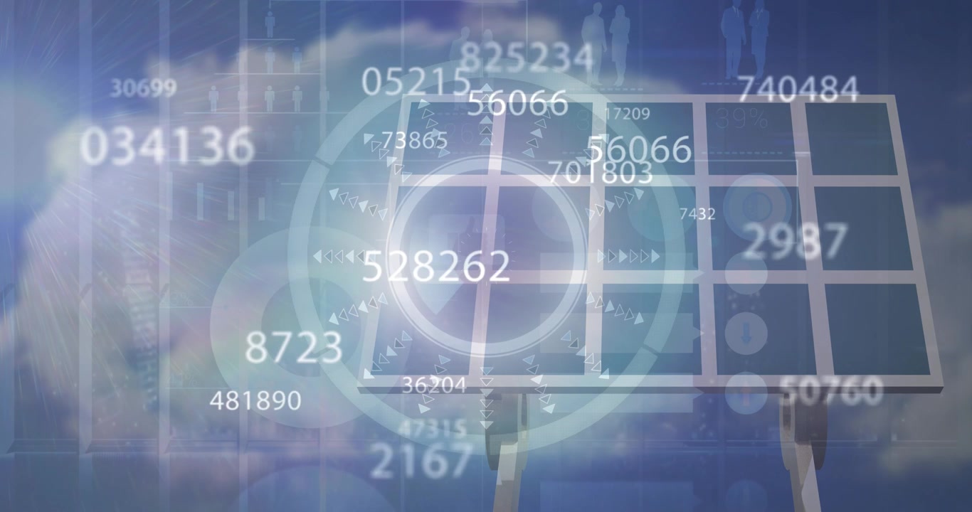 Animation of financial data processing over solar panel