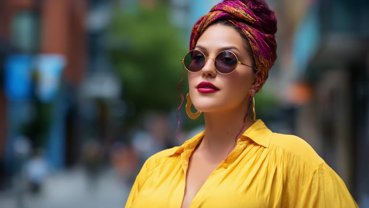 Confident Woman in Stylish Yellow Top and Vibrant Headscarf Poses with Sunglasses in Urban Street Setting, Exuding Chic Style and Self-Assurance