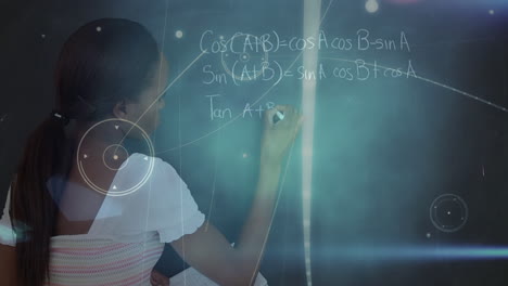 animation of connections and data over african american girl writing math formulas on blackboard