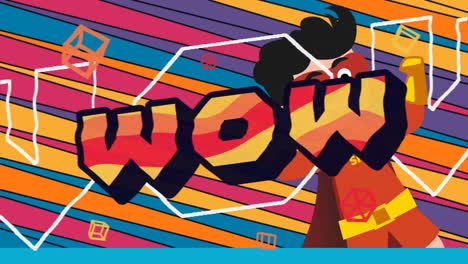 animation of wow text in red, orange and yellow letters over retro superhero and stripes