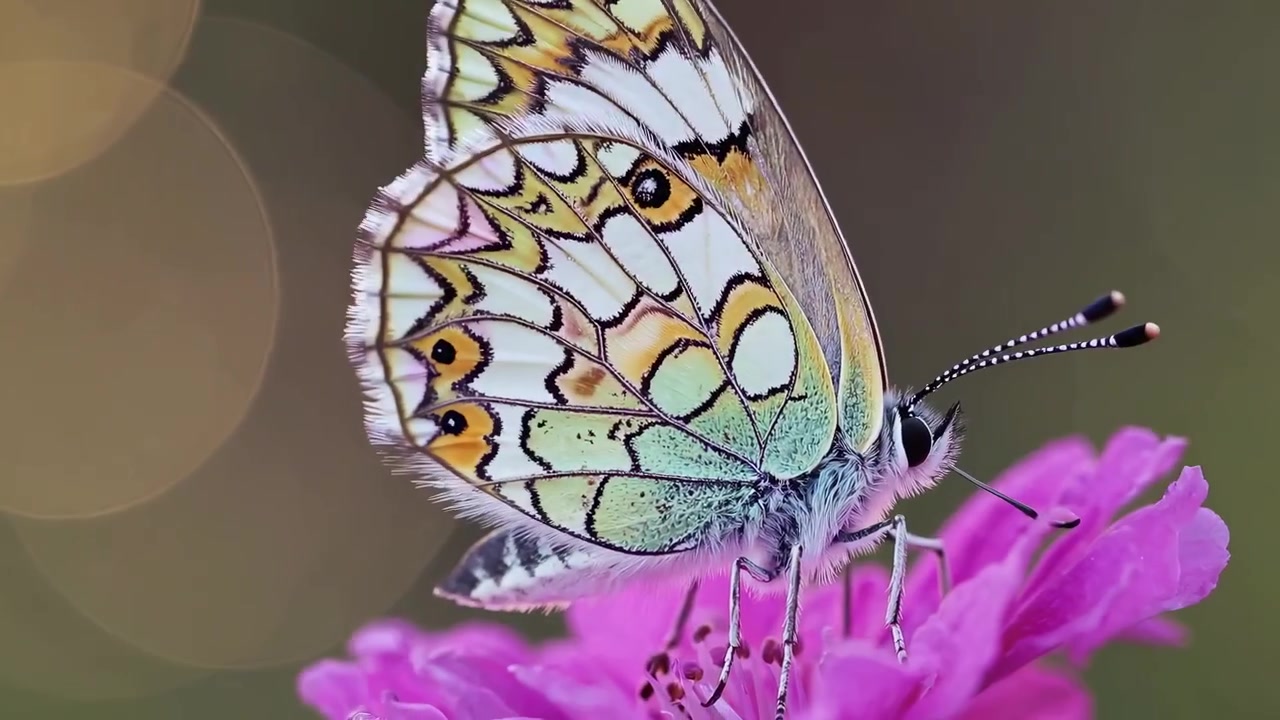 Nahaufnahme eines bunten Schmetterlings, der auf einer rosa Blüte ruht