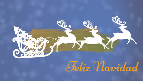 animation of feliz navidad text banner and christmas tree in sleigh being pulled by reindeers