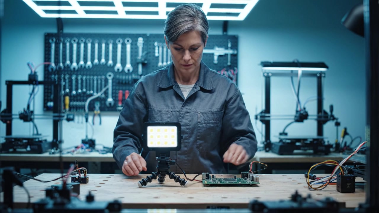 Engineer in Workshop Focuses on Circuit Board with LED Light while Working at a Clean, Organized Workspace Filled with Tools and Equipment for Electronics Projects