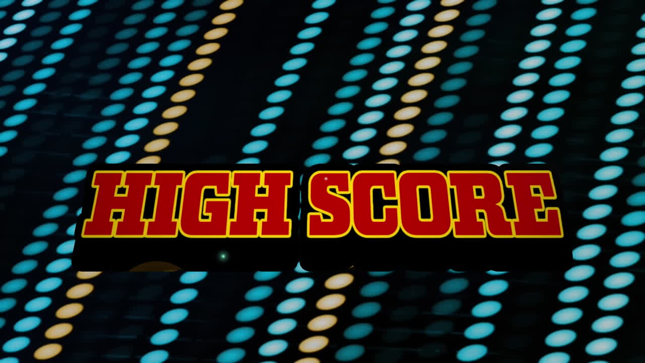 Animation of high score text banner over neon dots pattern against black background