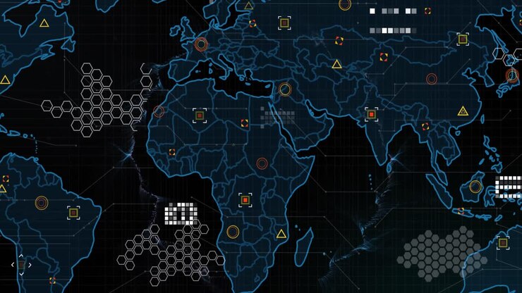 Animation of world map and data processing against black background
