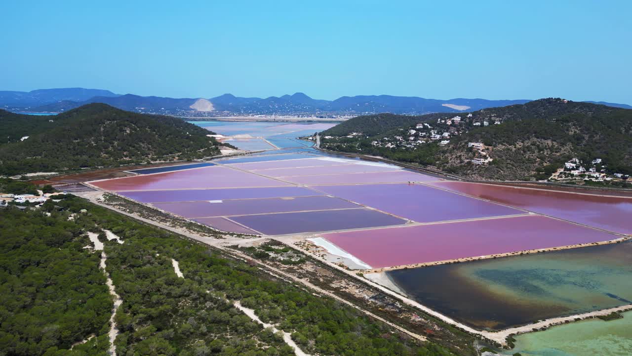 colorful salt flats of Ibiza with the Mediterranean vegetation in the foreground. Dramatic aerial view flight static tripod hovering drone