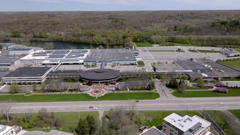 amway north american headquarters building in ada, michigan with drone video moving right to left.