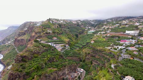 Drone-flight-over-Banana-plantages-in-Madeira,-Portugal