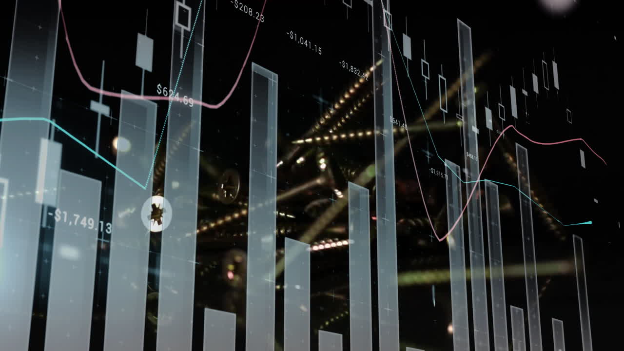 Animation of financial graphs overlaying city lights, illustrating economic activity
