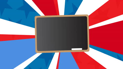 animation of chalkboard over rotating radiating red, white and blue lines