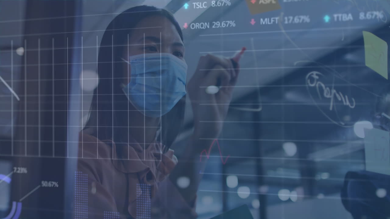 얼굴 마스크를 쓰고 메모를 하는 아시아 사업가 여성에 대한 금융 데이터 처리 애니메이션