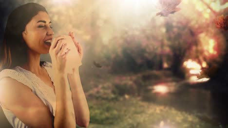 hojas de otoño que caen y una mujer estornudando mientras sufre de alergia 4k