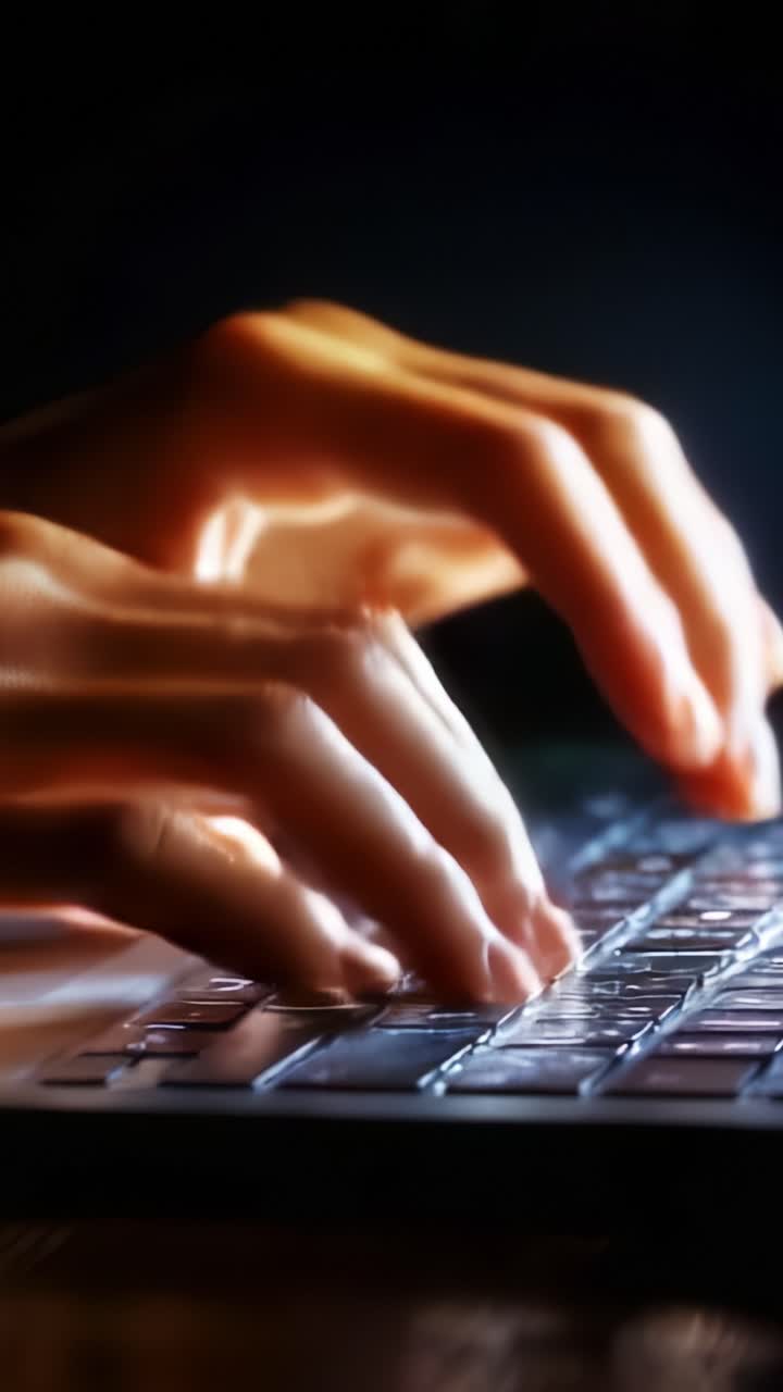 Close-up of Hands Typing on a Laptop Keyboard in a Dimly Lit Environment, Capturing the Intensity and Focus of the Moment during Digital Interaction