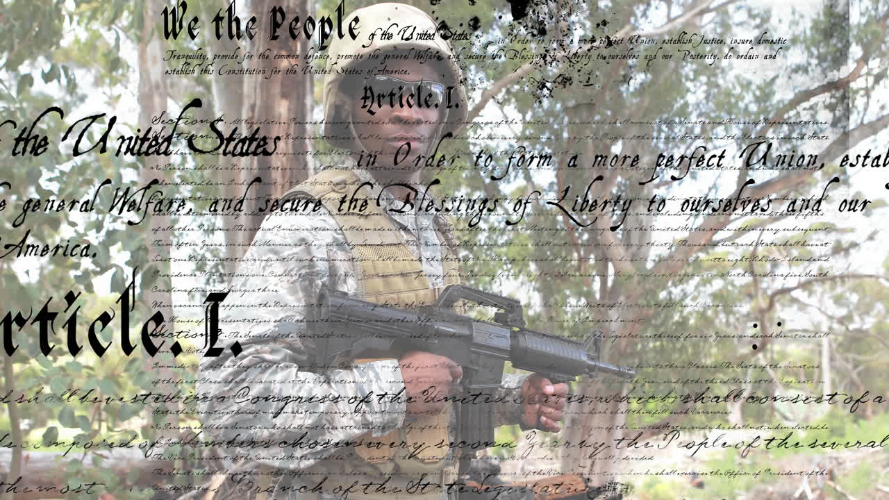 숲에서 소총을 들고 있는 군인에 대한 헌법 텍스트 애니메이션