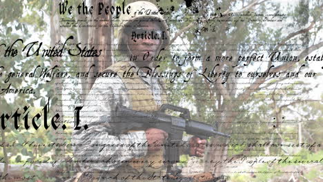 constitution text animation over soldier holding rifle in forest