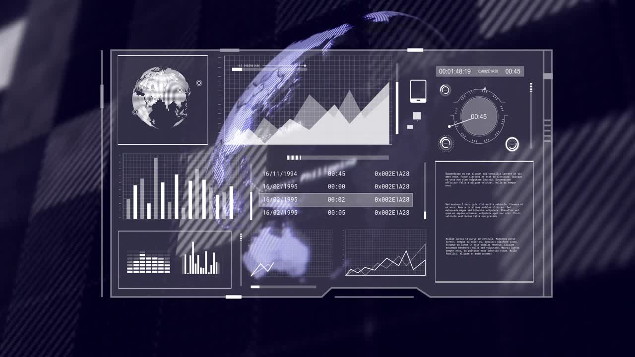 Outlines glowing and bars shifting as 3D globe growing and rotating behind dashboard updating data