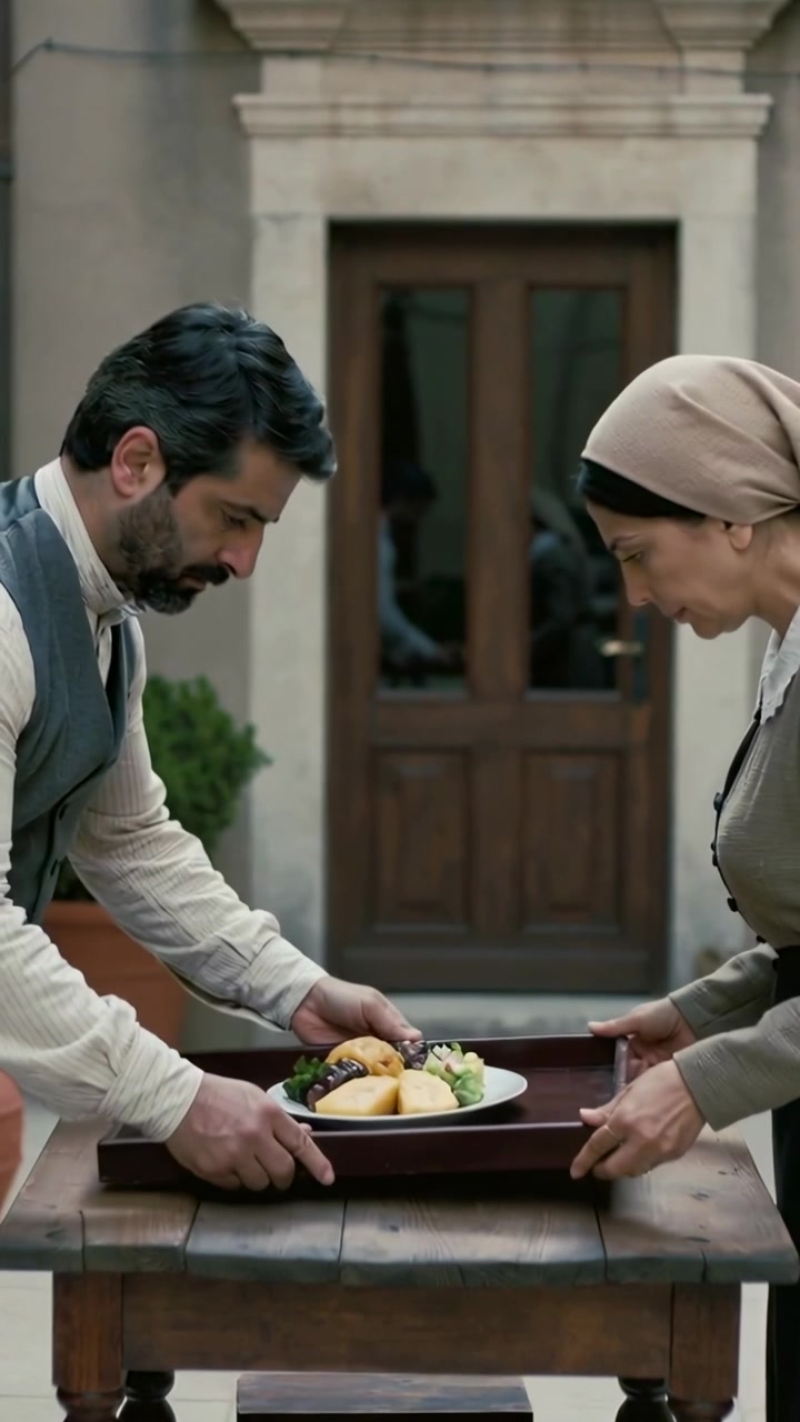 Vertical video: Carrying tray from left, two servers lowering fruit plate on table at door to serve