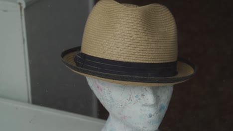 hat on a mannequin close up showing map of the world