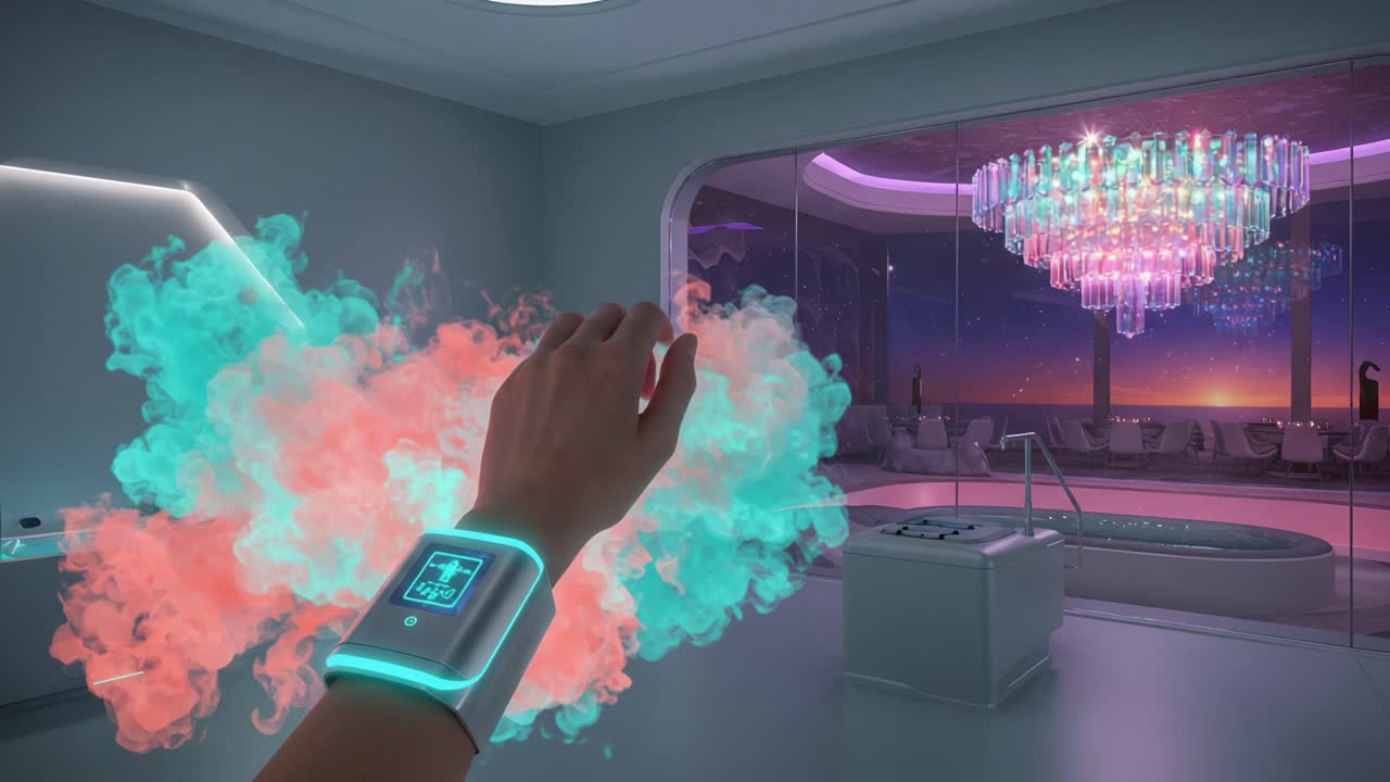 Futuristic Lifestyle: A Hand with a High-Tech Wrist Device Releases Vibrant Smoke in an Elegant Interior Space with a Glimmering Chandelier at Dusk