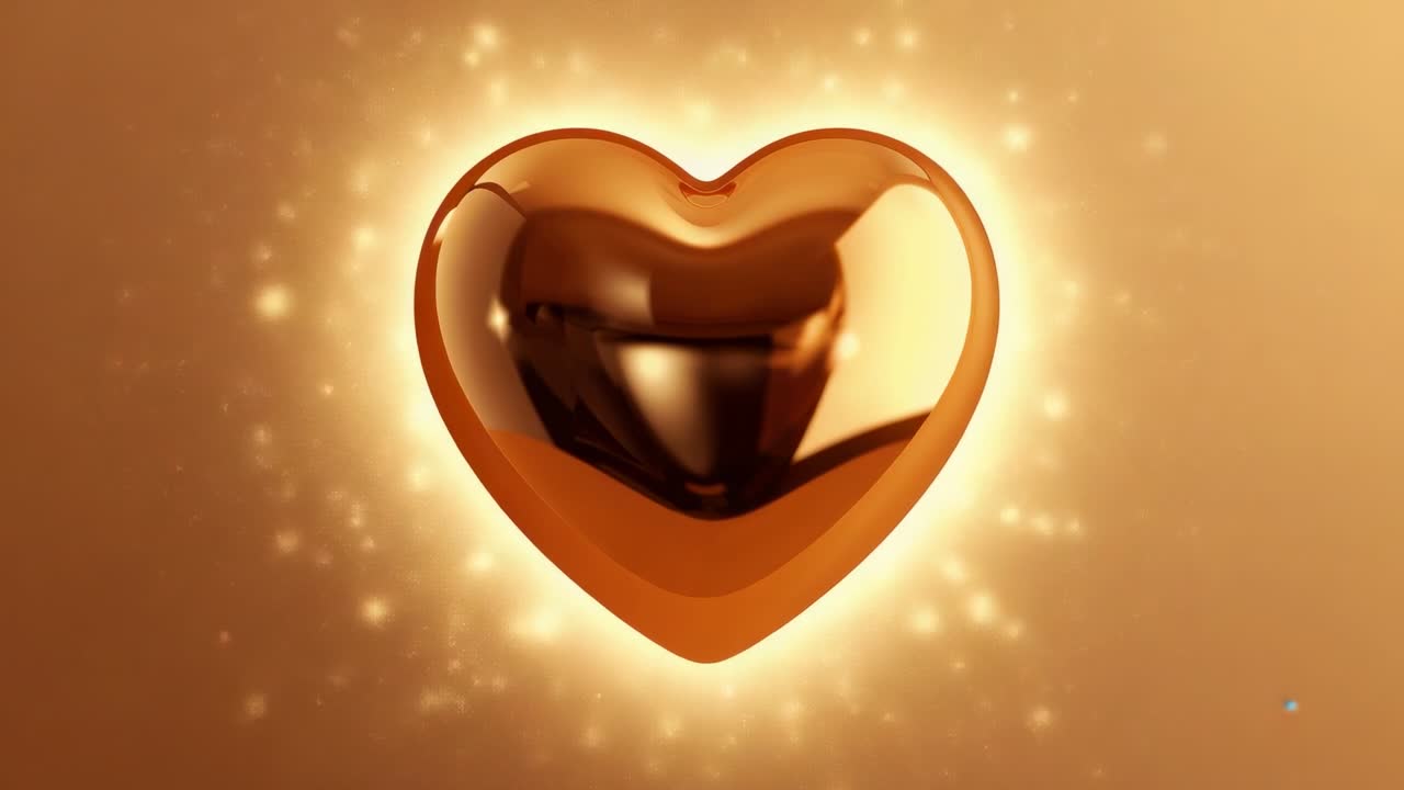 Halo a forma di cuore dorato lucido e pulsante che illumina, risplende ed emette particelle per festeggiare