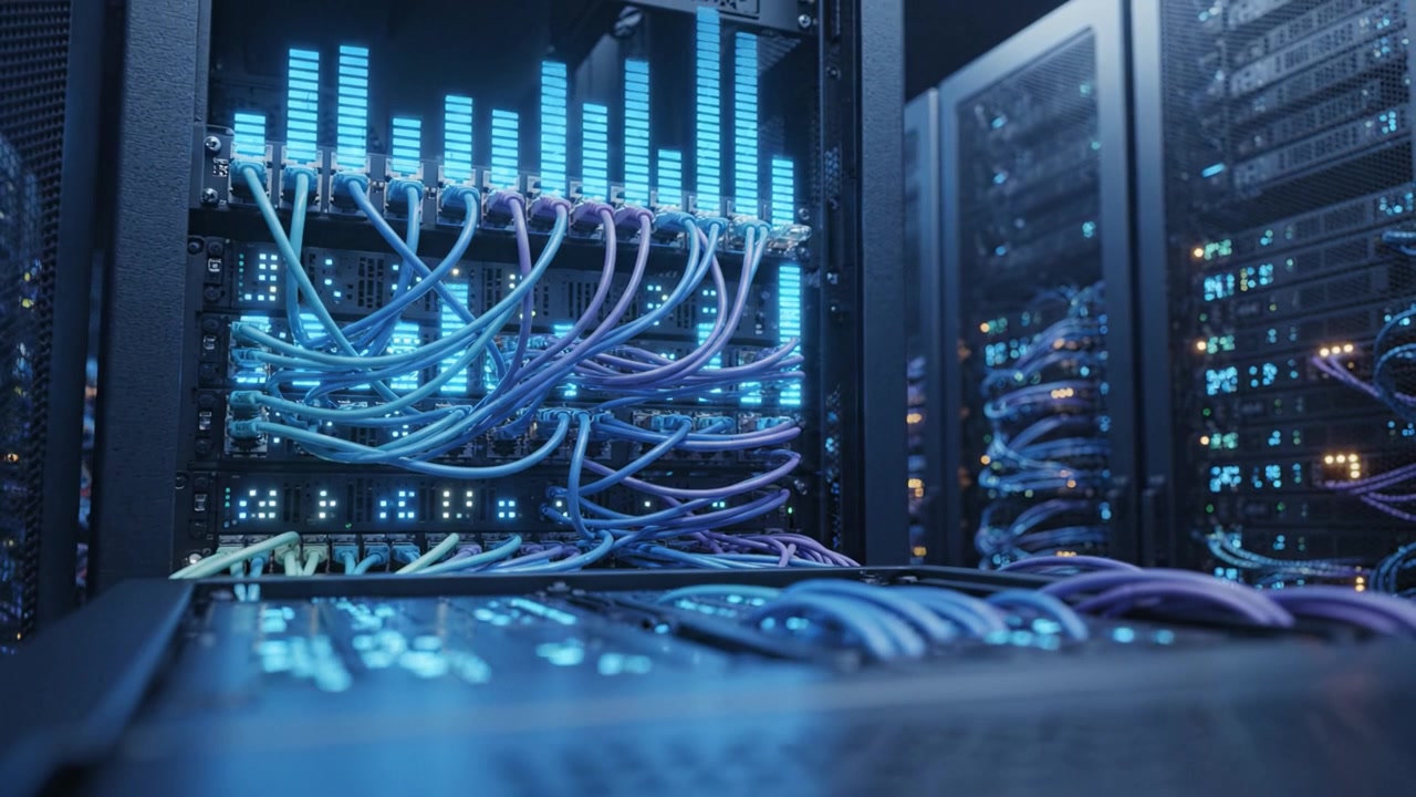 Intricate Network Setup Showcasing Blue and Purple Cables in a Modern Server Room with Flickering Lights and High-Tech Data Storage Systems