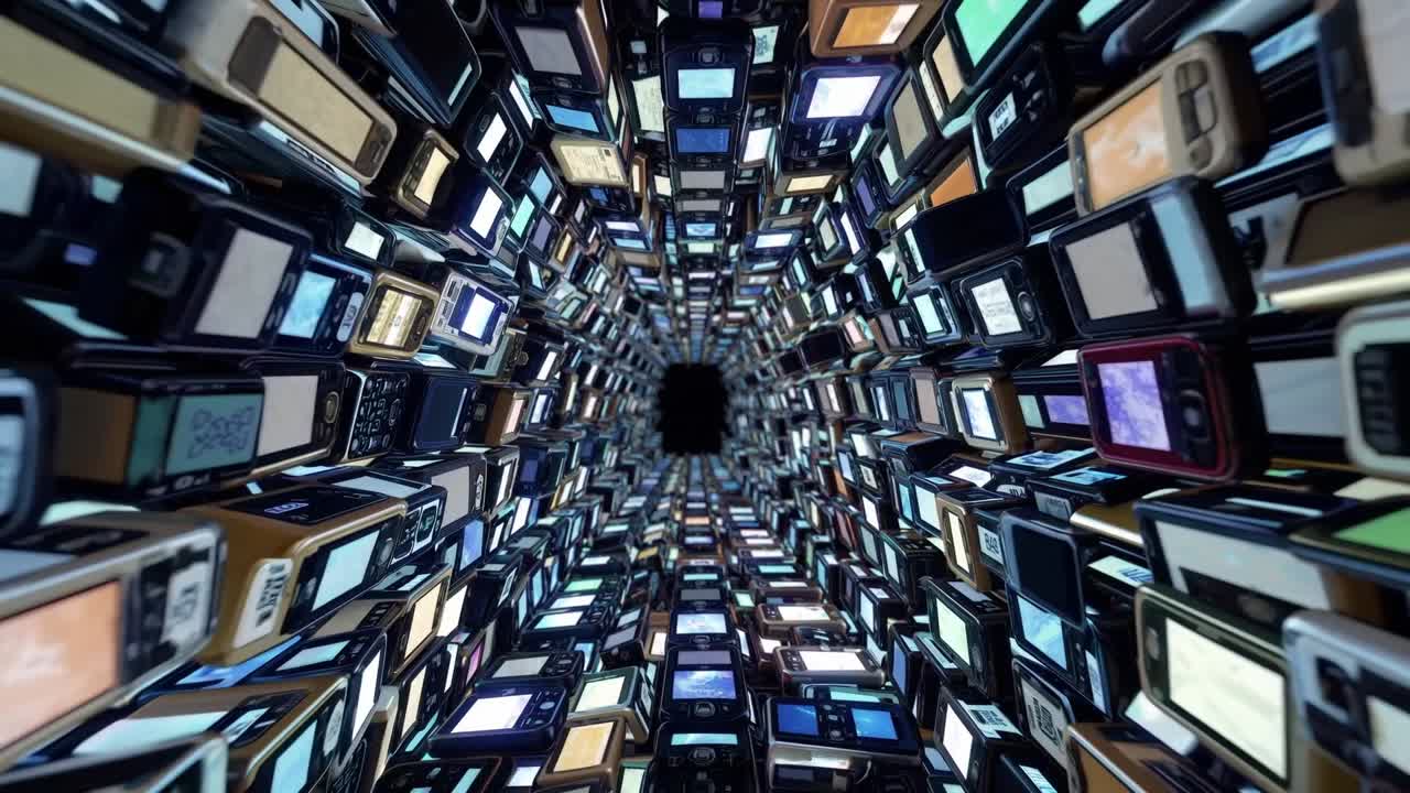 Dynamic tunnel of smartphones with illuminated screens creating a mesmerizing visual effect, showcasing technology's evolution and immersive digital experience