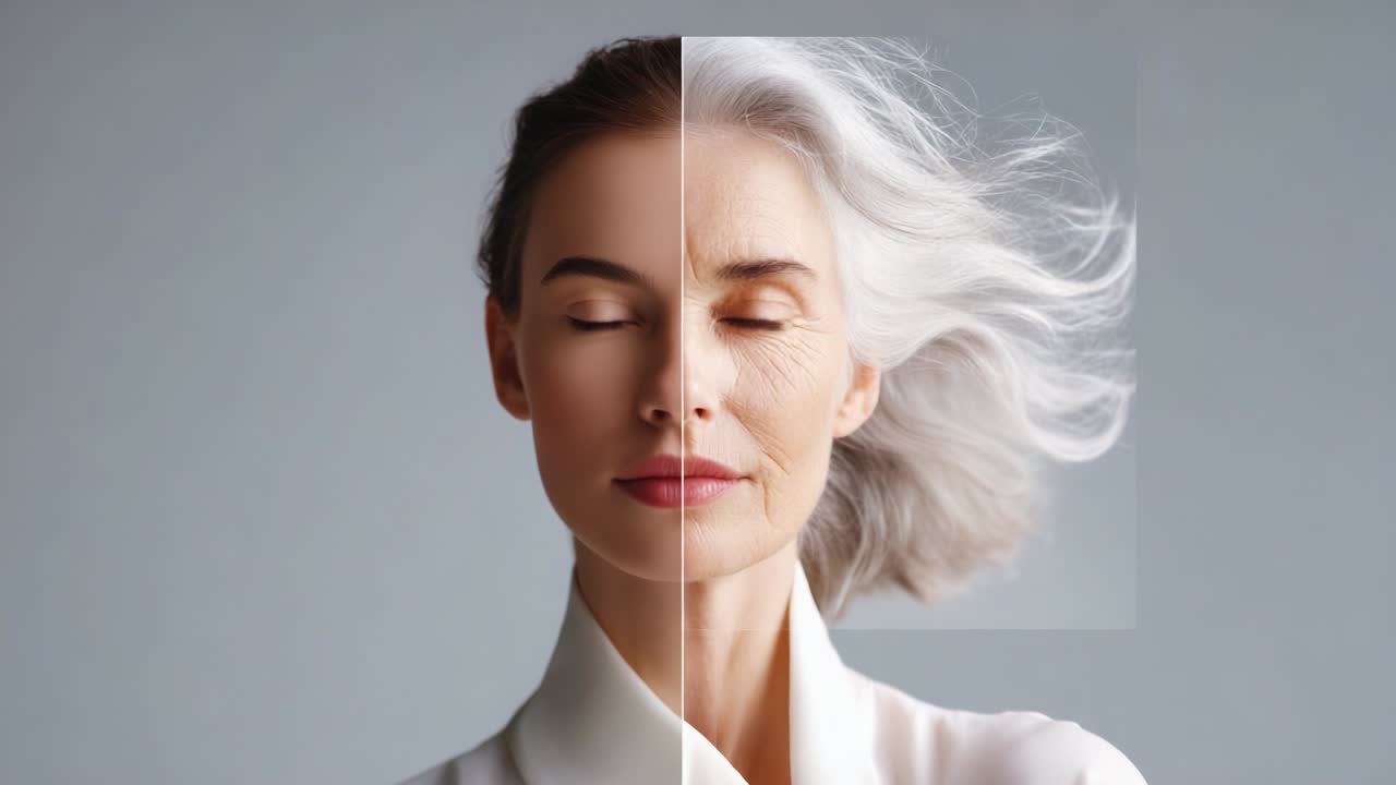 A Stunning Visual Progression Depicting the Transformation of a Woman’s Face Over Time, Showcasing the Contrast Between Youthful Features and the Beauty of Aging with Graceful Hair and Radiant Expressions
