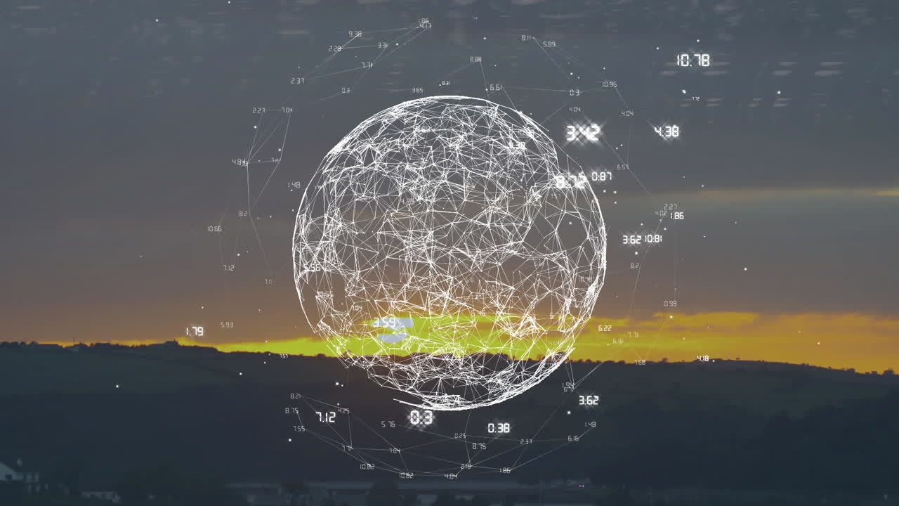 globo digital con conexiones de red, puntos de datos animación sobre el paisaje del atardecer
