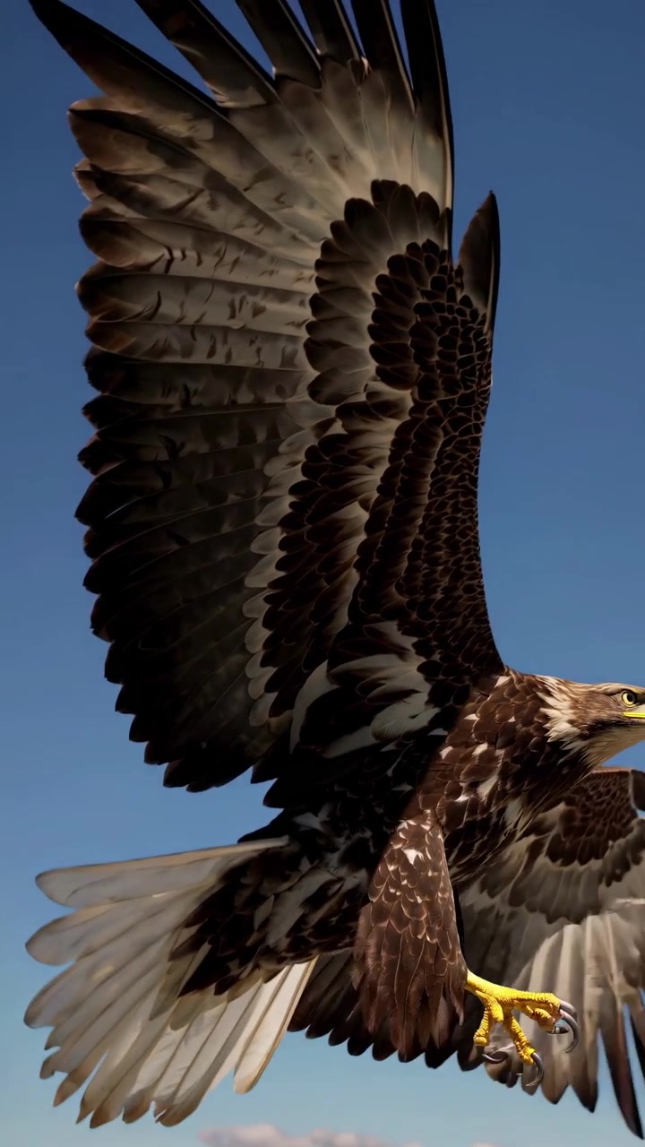 Aquila maestosa in volo con le ali spiegate contro un cielo azzurro sereno