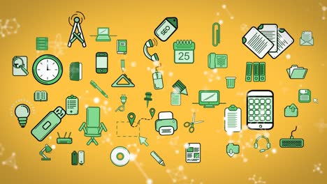 animación digital de estructuras moleculares sobre múltiples iconos de conceptos de negocios en fondo amarillo