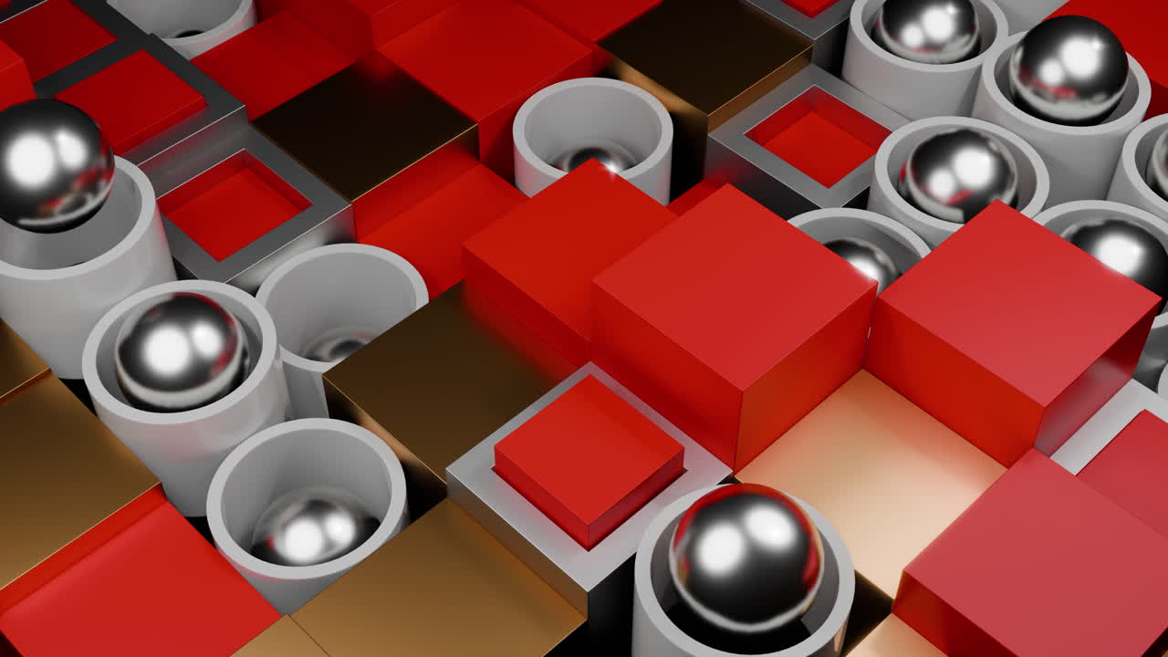 Red Silver Cylinder Grid With Polished Chrome Spheres Nestled In Matte Red Cubes, Dynamic Parallax Camera . Design