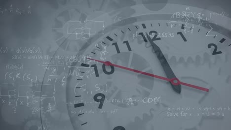 Animation-of-mathematical-equations-floating-over-ticking-clock-against-spinning-gears