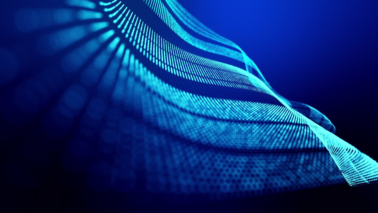 4k looped abstract background of glow particles form lines, surfaces as futuristic landscape in cyberspace or hologram. Sci-fi theme of microworld, nanotechnology or cosmic space. Blue stripes 12